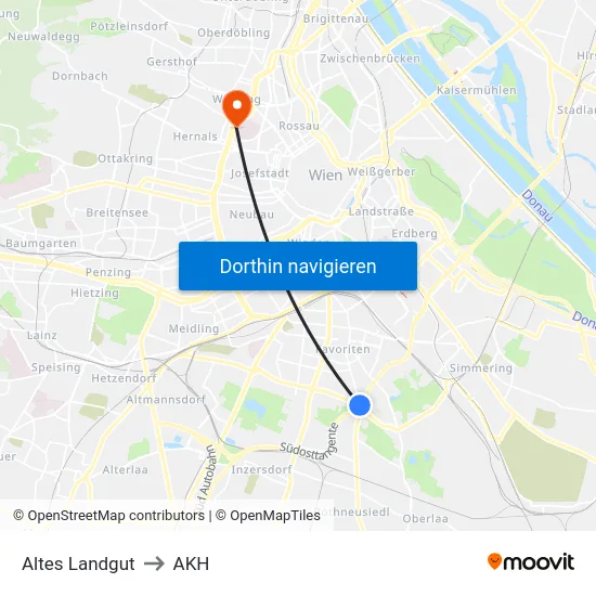 Altes Landgut to AKH map