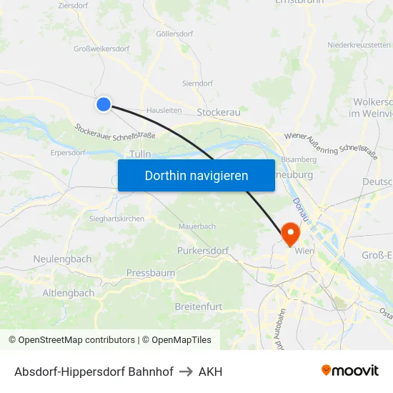 Absdorf-Hippersdorf Bahnhof to AKH map