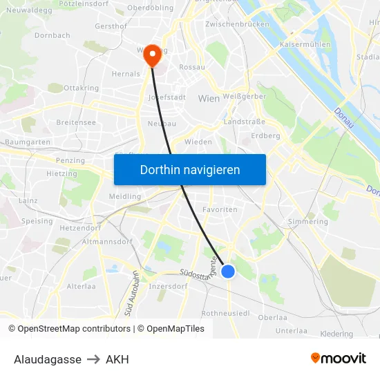 Alaudagasse to AKH map