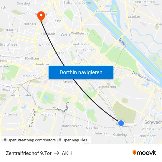 Zentralfriedhof 9.Tor to AKH map