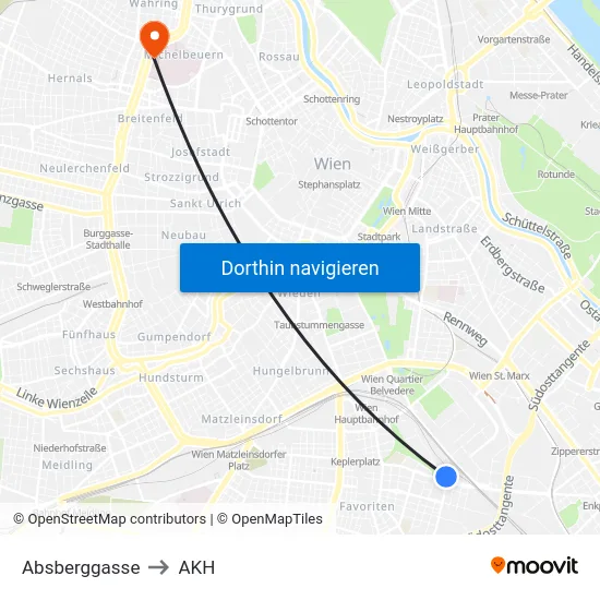 Absberggasse to AKH map