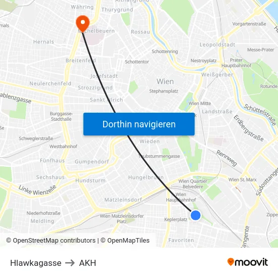 Hlawkagasse to AKH map