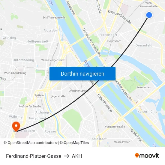 Ferdinand-Platzer-Gasse to AKH map