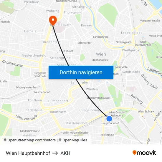 Wien Hauptbahnhof to AKH map