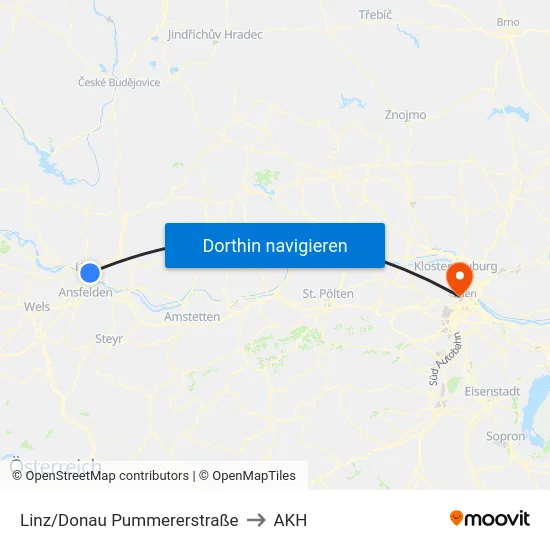 Linz/Donau Pummererstraße to AKH map
