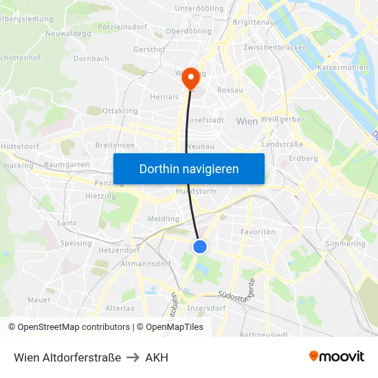 Wien Altdorferstraße to AKH map