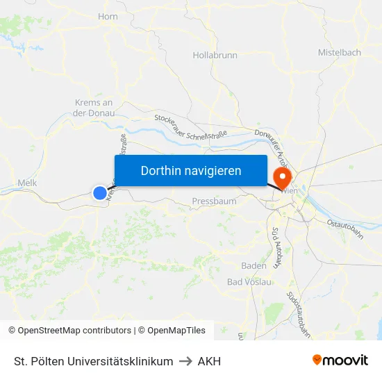 St. Pölten Universitätsklinikum to AKH map