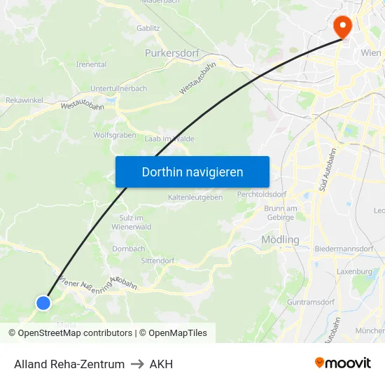 Alland Reha-Zentrum to AKH map