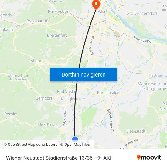 Wiener Neustadt Stadionstraße 13/36 to AKH map