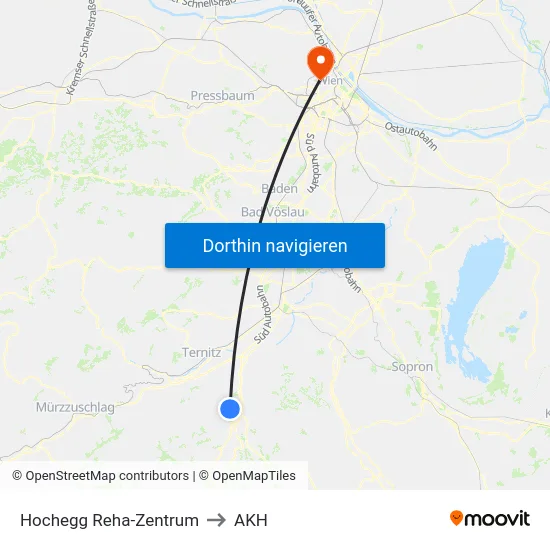 Hochegg Reha-Zentrum to AKH map
