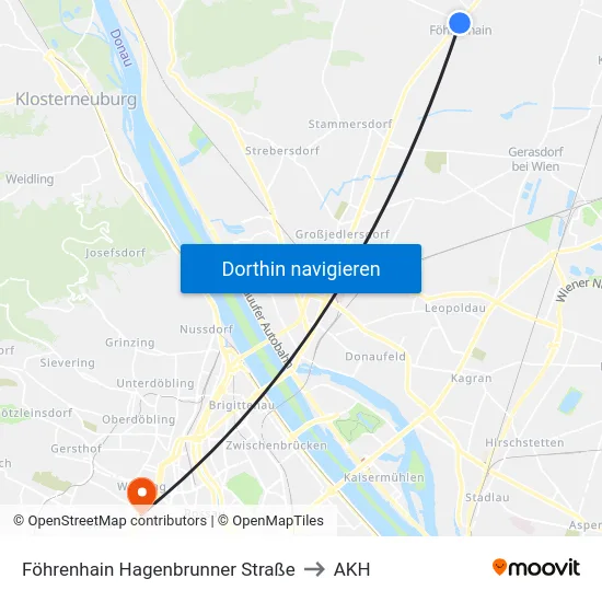 Föhrenhain Hagenbrunner Straße to AKH map