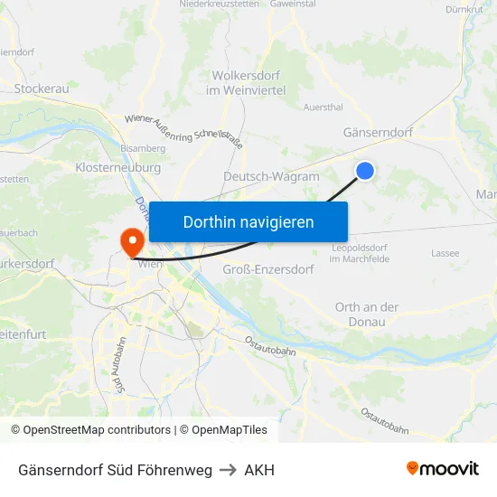 Gänserndorf Süd Föhrenweg to AKH map