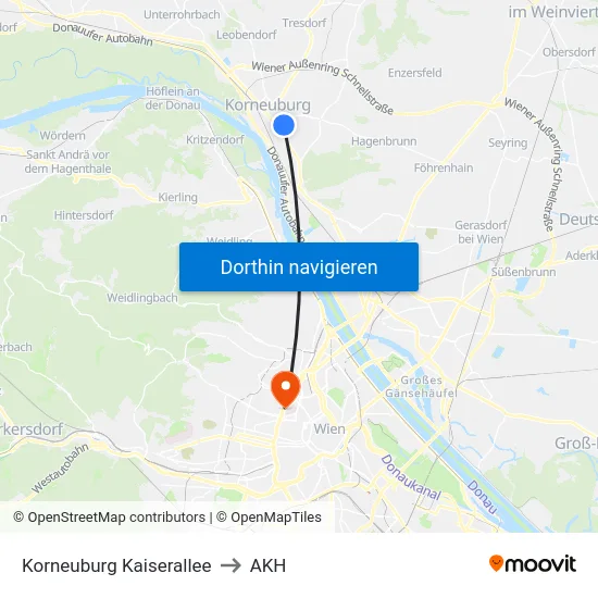 Korneuburg Kaiserallee to AKH map