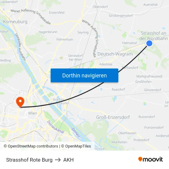 Strasshof Rote Burg to AKH map