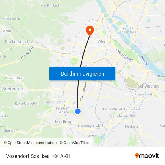 Vösendorf Scs Ikea to AKH map