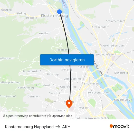 Klosterneuburg Happyland to AKH map
