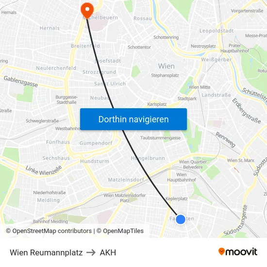 Wien Reumannplatz to AKH map