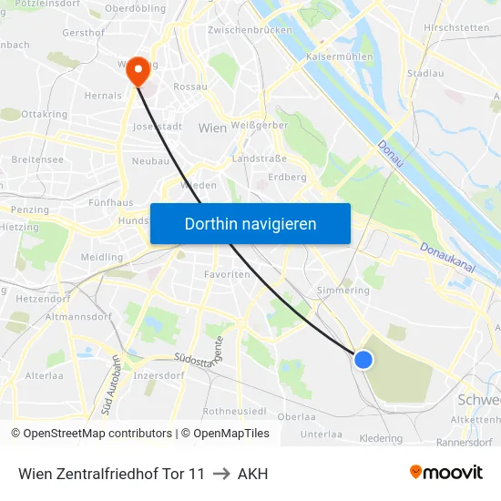 Wien Zentralfriedhof Tor 11 to AKH map