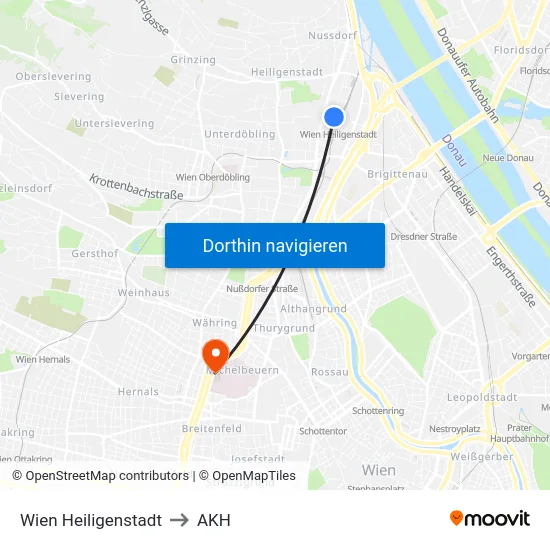 Wien Heiligenstadt to AKH map