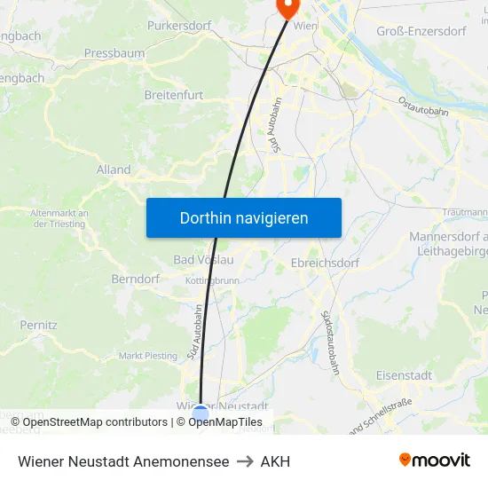 Wiener Neustadt Anemonensee to AKH map