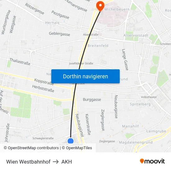 Wien Westbahnhof to AKH map