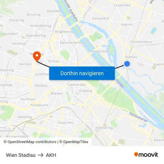 Wien Stadlau to AKH map