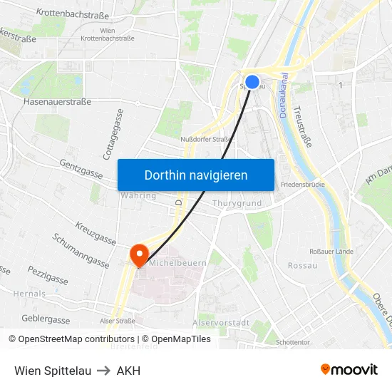 Wien Spittelau to AKH map