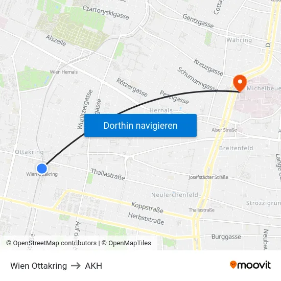 Wien Ottakring to AKH map