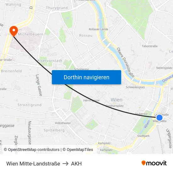 Wien Mitte-Landstraße to AKH map