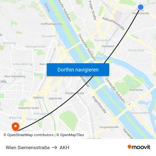 Wien Siemensstraße to AKH map