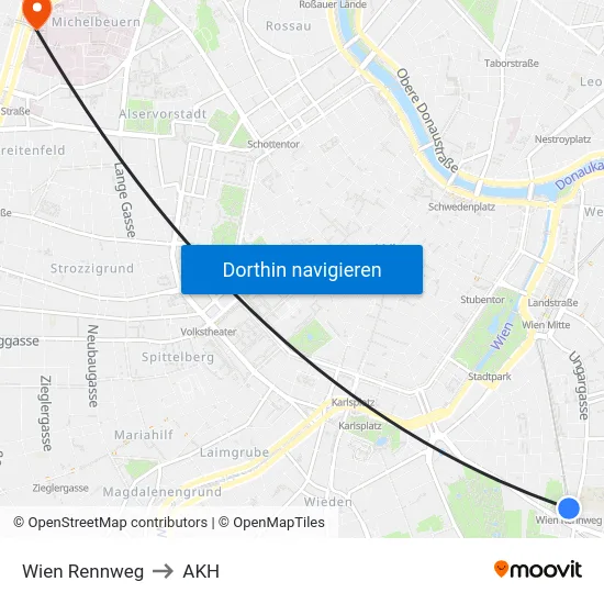 Wien Rennweg to AKH map