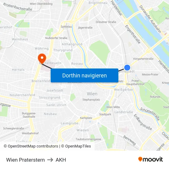 Wien Praterstern to AKH map