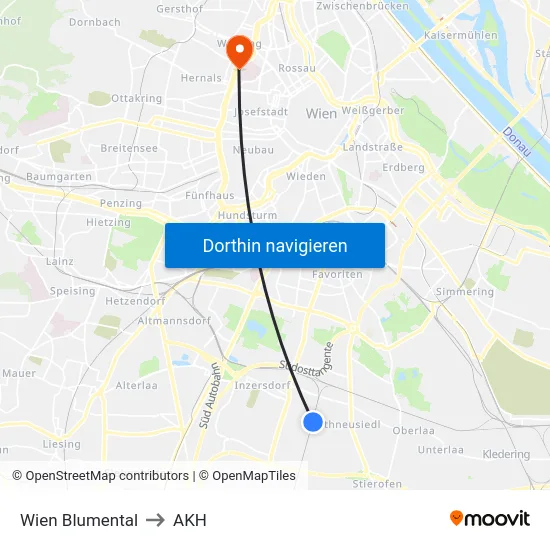 Wien Blumental to AKH map