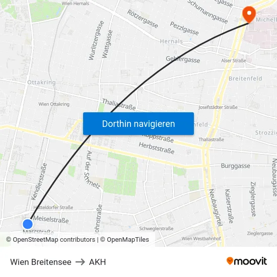 Wien Breitensee to AKH map
