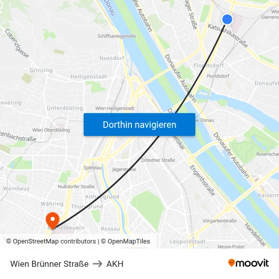 Wien Brünner Straße to AKH map