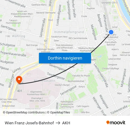 Wien Franz-Josefs-Bahnhof to AKH map