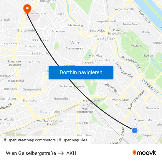 Wien Geiselbergstraße to AKH map