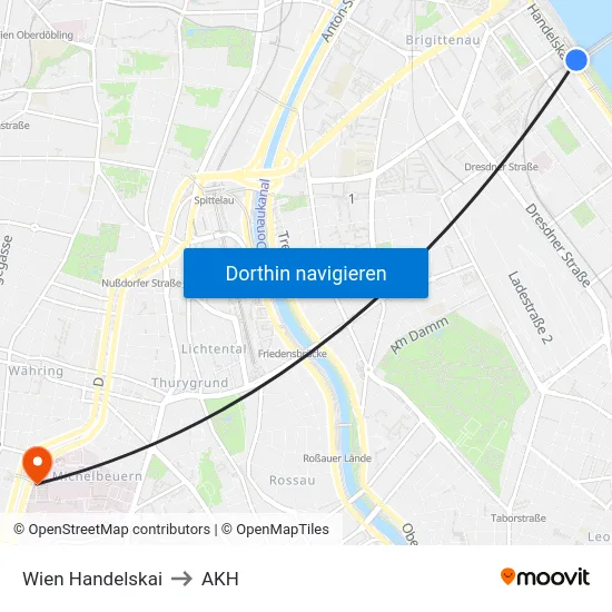 Wien Handelskai to AKH map