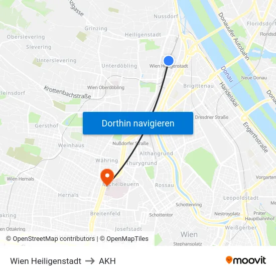 Wien Heiligenstadt to AKH map