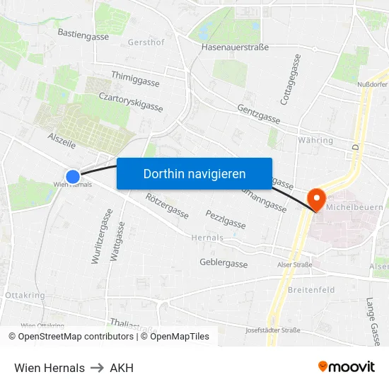 Wien Hernals to AKH map