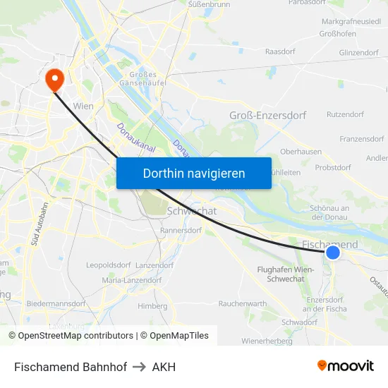 Fischamend Bahnhof to AKH map