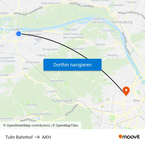 Tulln Bahnhof to AKH map