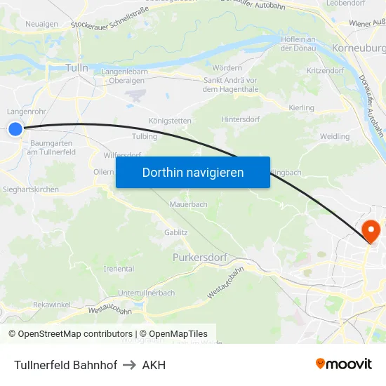 Tullnerfeld Bahnhof to AKH map