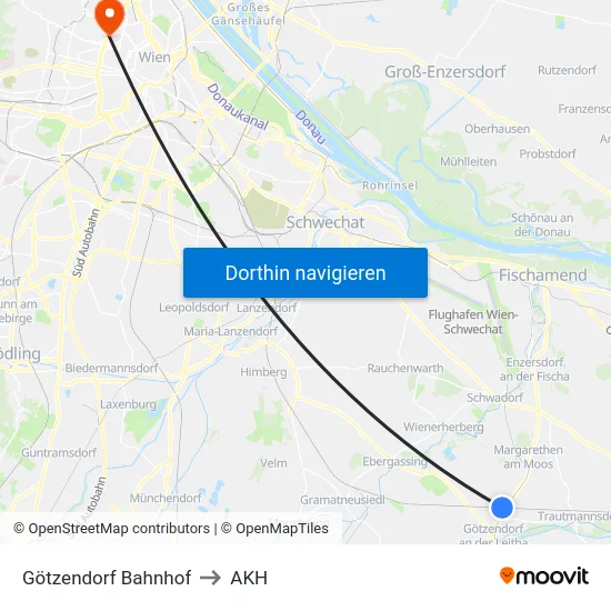 Götzendorf Bahnhof to AKH map