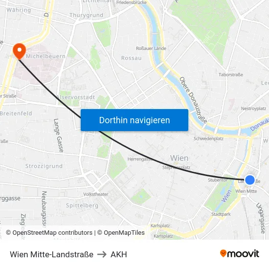 Wien Mitte-Landstraße to AKH map