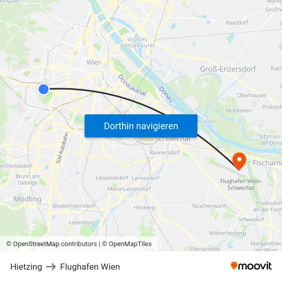 Hietzing to Flughafen Wien map