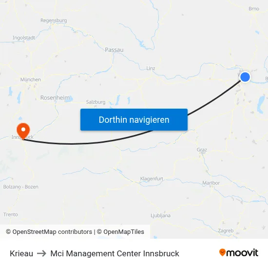 Krieau to Mci Management Center Innsbruck map