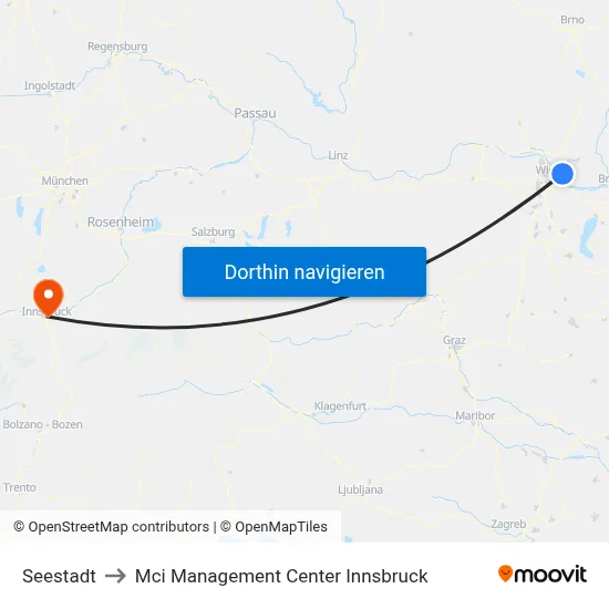 Seestadt to Mci Management Center Innsbruck map
