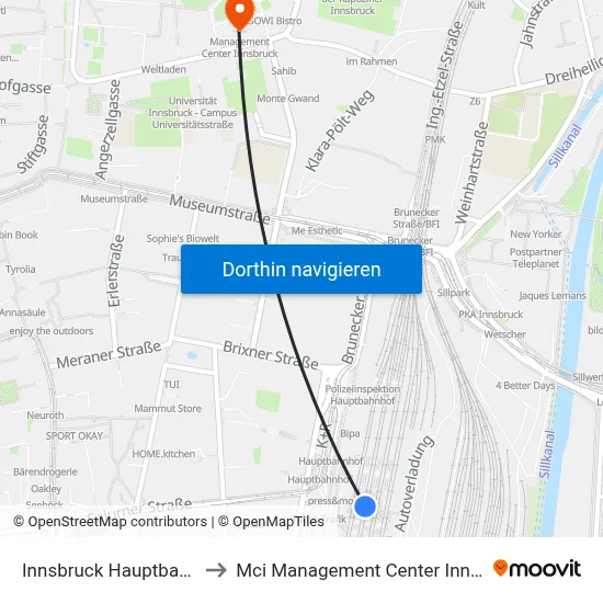 Innsbruck Hauptbahnhof to Mci Management Center Innsbruck map