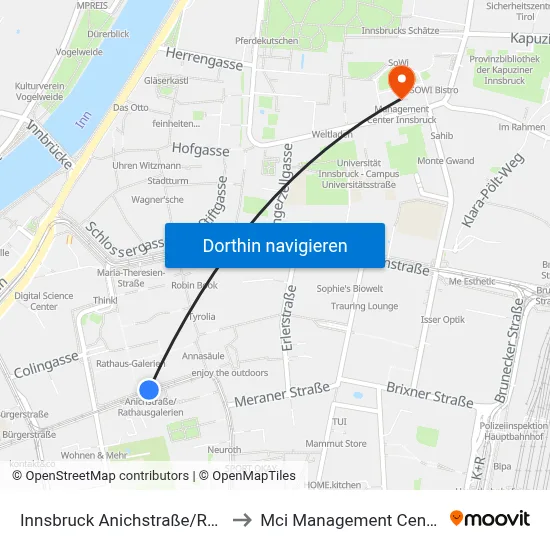 Innsbruck Anichstraße/Rathausgalerien to Mci Management Center Innsbruck map